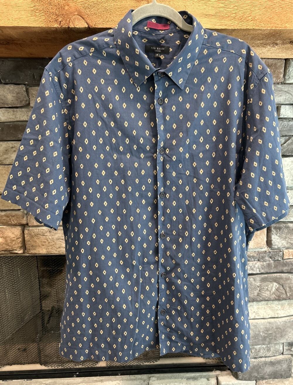 Men’s TED BAKER Blue Diamond AOP Short Sleeve Button Up Shirt Size 5 XXL *C4
